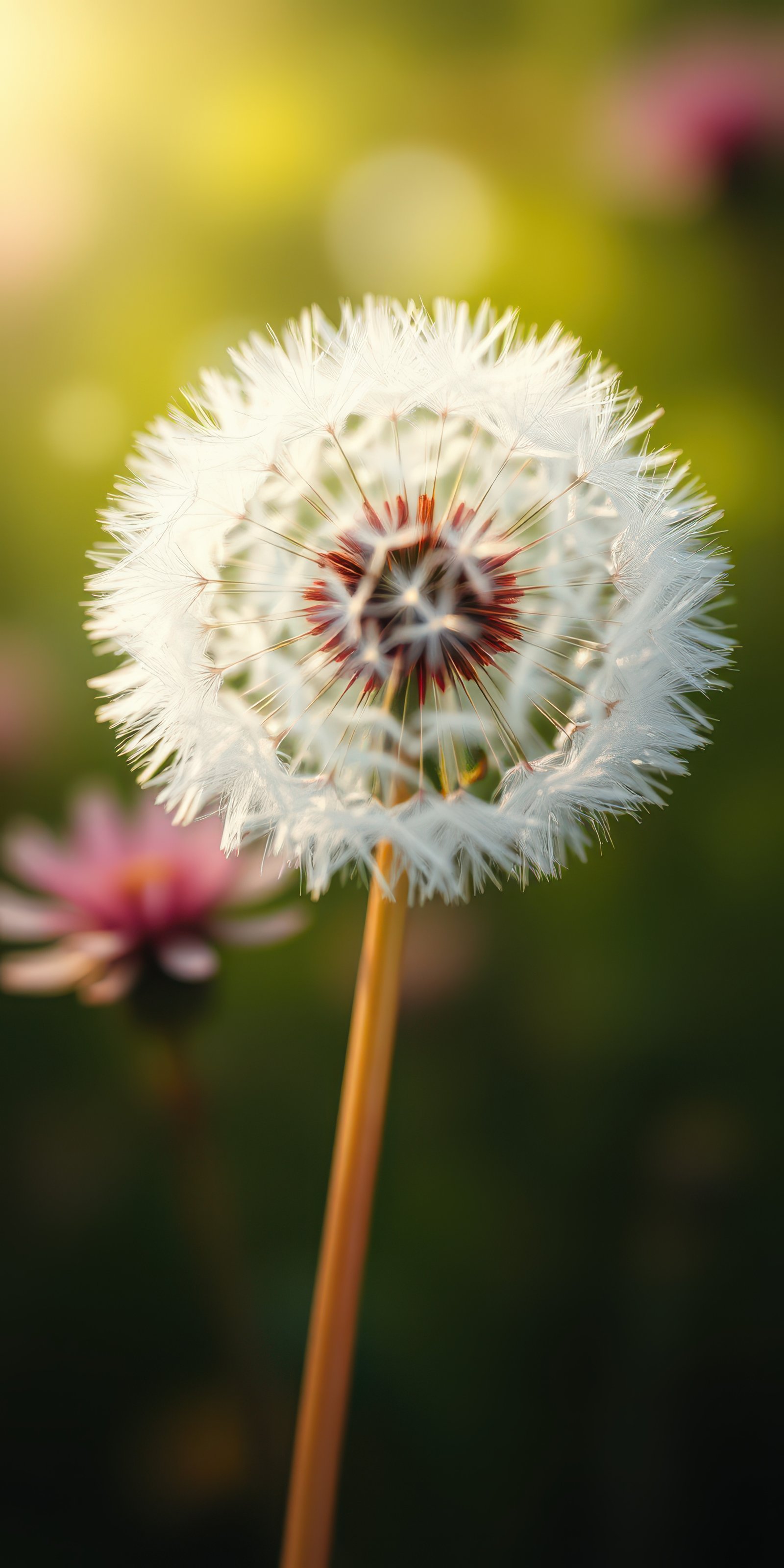 Delicate dandelion puff illuminated by sunlight in a vibrant garden setting during springtime